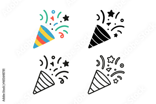Party popper icon set. Exploding festive cracker with confetti. Celebration, birthday, new year, holiday symbol. Vector illustration in flat, glyph, and line art styles.