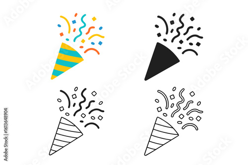 Set of party poppers with confetti. Exploding festive cracker icon in flat, solid pictogram, and line art style. Element for celebrating New Year, birthday, anniversary.
