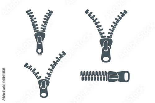 Zippers vector icon set. Open and closed zip fastener collection. Clothing hardware and fashion accessories. Grunge style garment details for tailor, sewing projects.
