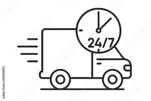 Fast delivery truck icon with 24/7 clock. Express shipping and logistics concept for online orders. Quick cargo van for e-commerce, apps, and websites. 24 hour service.