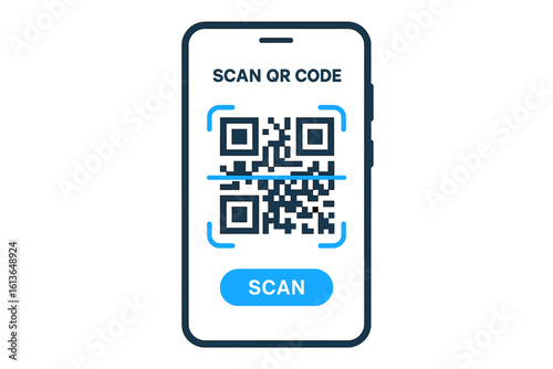 Scanning QR code on smartphone screen. Mobile phone with reader app for contactless payment or verification. Digital technology concept for web, UI, and online access vector.