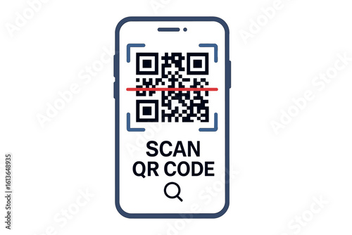 Smartphone with QR code scanner. Scanning barcode on mobile phone screen. Concept for contactless payment, digital access, e-wallet, and electronic verification. Vector.