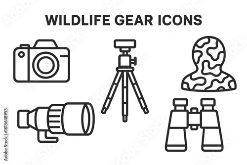 Wildlife gear icon set for nature observation and photography. Vector line symbols of camera, telephoto lens, tripod, binoculars, and camouflage for safari or birdwatching.