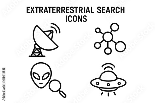 Extraterrestrial life search vector icon set. Outline icons for science and space exploration concepts. Includes radio telescope, SETI signal, biosignature molecule, alien, and UFO.