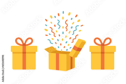 Surprise yellow gift boxes in flat design. Opened gift box with confetti explosion. Present boxes for birthday celebration. Surprise in the box, prize winning concept vector.
