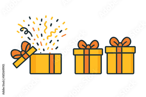 Vector surprise gift box icon set. Opened yellow present with confetti explosion for birthday, holiday celebration. Flat design illustration for giveaway, reward, prize, bonus.