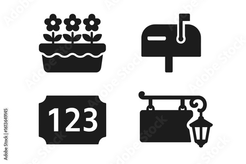 Facade accessories glyph icon set. House exterior elements collection. Solid vector symbols of a flower box, mailbox, home address number plaque, and hanging sign with lantern.