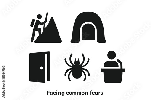 Common fears and phobias solid icon set. Vector glyphs for public speaking, arachnophobia, heights, darkness, and claustrophobia. Concepts of anxiety, challenge, courage.