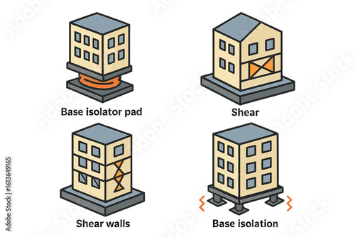 Earthquake resistant building design icon set. Seismic engineering concepts for structural safety. Base isolation, shear walls, and damping systems vector illustration.