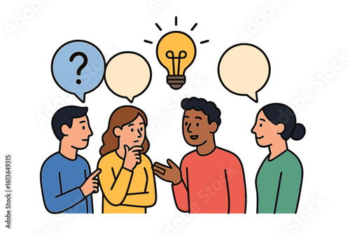 Team communication concept with people brainstorming ideas. Diverse group in discussion with question mark and lightbulb. Teamwork, collaboration and feedback vector illustration.