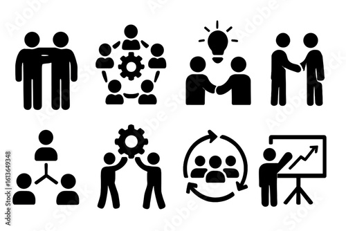 Business and teamwork icon set. Vector glyphs for web and mobile apps. Concepts of collaboration, partnership, management, workflow, growth, presentation, and strategy.