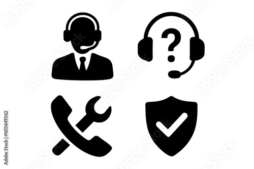 Customer support icon set for web and apps. Call center operator with headset, FAQ, technical service, and security guarantee symbols. Vector glyph pictograms collection.