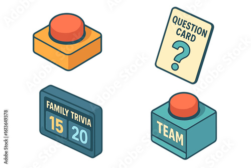 Family trivia game isometric icon set. Vector illustrations for quiz night. Includes game show buzzer, question card, team button, and scoreboard for a fun competition.