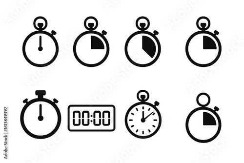 Timer and stopwatch vector icons set. Countdown chronometer and digital clock symbol collection. Time management, deadline, and measurement concept illustration.