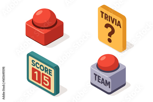 Trivia game night icon set. Isometric vector graphics for quiz competition. Includes red buzzer, question card, team button, scoreboard. Family fun entertainment concept.