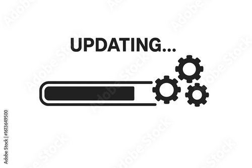 Updating system process with loading bar and gears icon. Software update or installation of a new operating system. Vector illustration of a progress indicator.