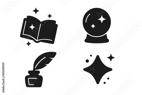 Magic and fantasy glyph icon set. Solid vector icons of spellbook, crystal ball, feather quill, and star. Mystical wizard objects for fairytale or RPG themes.