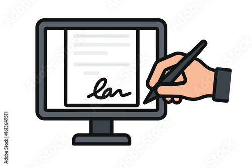 Electronic signature vector illustration. E-signing a digital contract on a computer screen. Hand with pen signing an online document. Business agreement and legal technology concept.