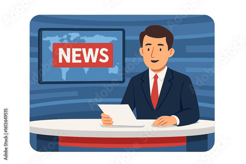 News anchor reporting live in a TV studio. Male broadcaster at a desk presenting breaking news. Television host in a suit. Journalism and media concept illustration.