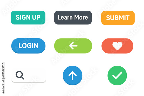 User interface web buttons in flat style for UI, mobile app, web. Colorful vector call to action elements for website and application design. Login, submit, search icon.