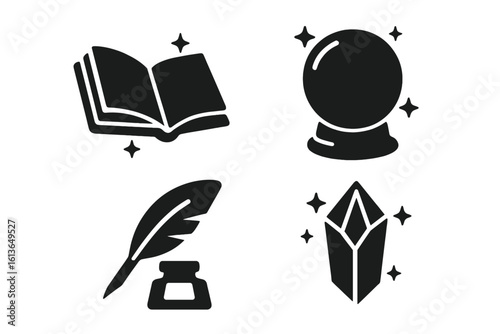 Magic and fantasy glyph icon set. Solid black silhouette symbols for witchcraft and wizardry. Includes spellbook, crystal ball, feather quill, and power crystal.