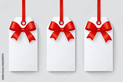 Three blank white gift tags, each with a red ribbon bow, hanging on gray background