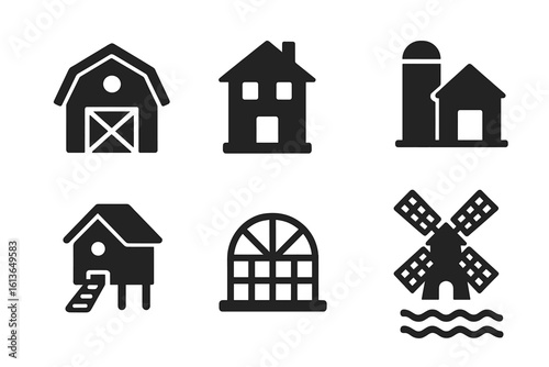 Farm building icon set. Solid glyph vector collection of rural agriculture symbols. Barn, farmhouse, silo, chicken coop, greenhouse, and windmill pictogram illustrations.