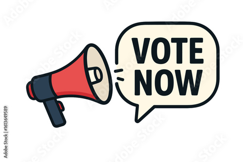 Vote now banner with megaphone. Loudspeaker making an announcement in a speech bubble. Call to action for politics, election, democracy. Marketing and advertising vector.