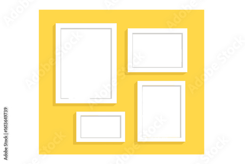 White frames on a yellow wall. Blank picture mockup for a gallery or interior design. Empty template for photos or text. Simple modern vector illustration for presentation.