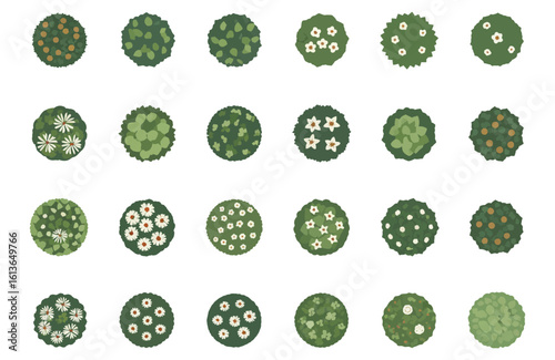 Vector art of a collection of tree and plant top view illustrations, showcasing various garden and landscape designs isolated on white background