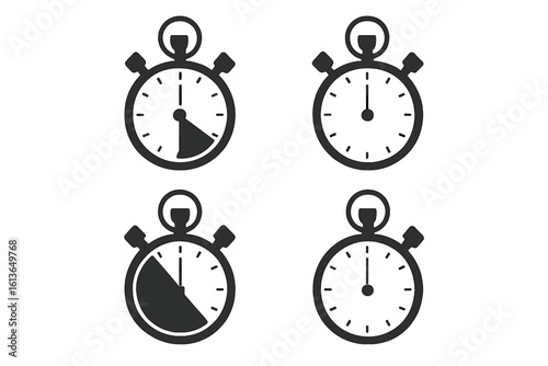 Stopwatch timer icon set in a simple flat design. Vector clock collection showing different countdown intervals. For concepts of time management, deadline, speed, sport.