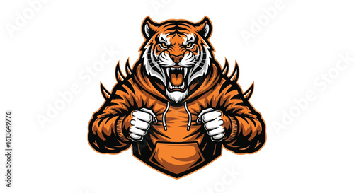 Fierce tiger mascot wearing an orange hoodie, baring its teeth and flexing its powerful paws in a dynamic pose.