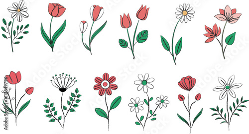 Hand-drawn floral vector elements collection. Big set of stylized wildflowers, botanical illustrations with leaves. Simple flat design doodle style flowers for spring decoration.