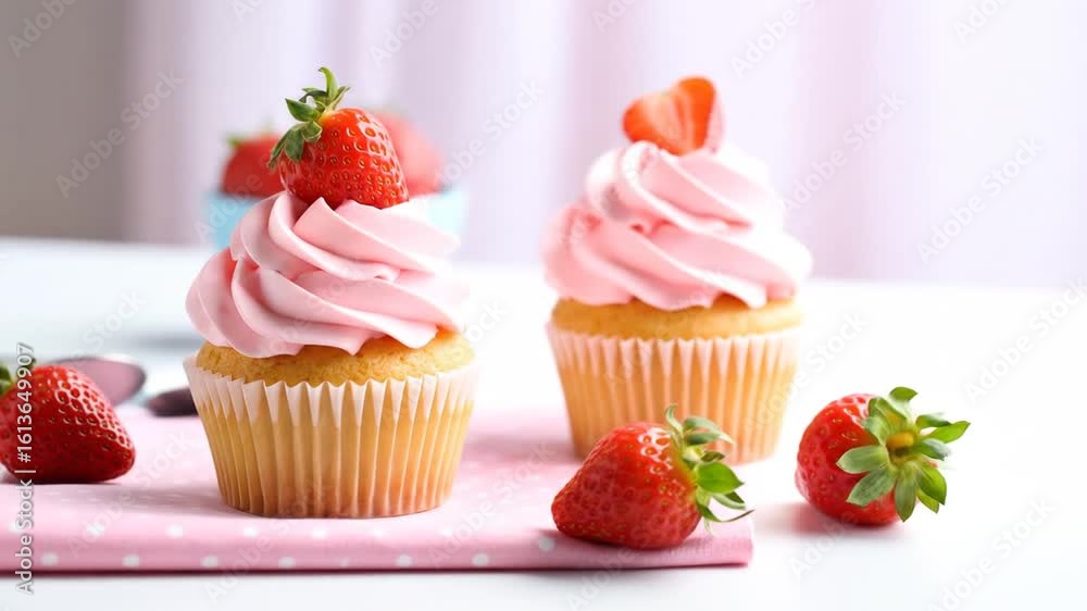 Delectable Strawberry Cupcakes: Sweet Treats Close-up Delectable Strawberry Cupcakes: Sweet Treats Close-up