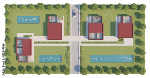 Vector art of an aerial view showcases a modern residential layout with houses, pools, gardens, and a car on the road