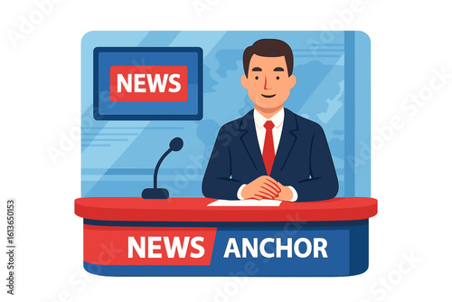 News anchor man in a television studio. TV presenter reporting breaking news. Broadcaster at desk with microphone. Media, journalism, and broadcasting concept vector illustration.