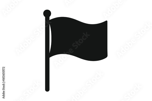 Flag icon vector. Black silhouette of a waving banner on a pole. Symbol for start, finish, race, goal, location, or mark. Simple pictogram isolated on white background.
