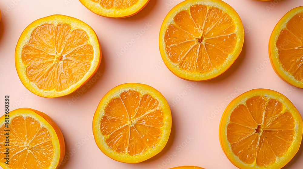Fototapeta premium Fresh orange slices arranged in a symmetrical pattern on a pastel pink background. Each slice reveals vibrant citrus segments