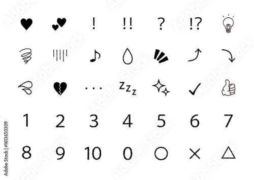 手書き風モノクロ記号アイコンセットのベクター素材｜シンプル,Zzz,電球,感嘆符,いいね,点々,三角