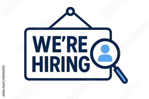We're hiring sign. Job vacancy announcement. Recruitment and human resources concept. Magnifying glass searching for employee candidate. Business employment opportunity vector.