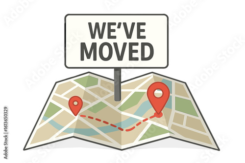 We have moved vector illustration concept. Folded paper map with indication of the moving address. Route on the map. We're moved new office, changed address navigation.