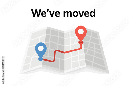 We've moved concept with folded paper map and location pins. New address announcement for business relocation. Navigation route from old to new office location vector.