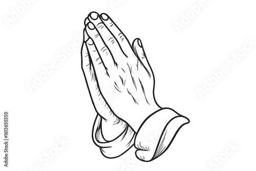 Human hands folded in prayer. Clasped hands in a religious gesture of faith and hope. Concept of trust, love, and appeal to God. Christian worship vector illustration.