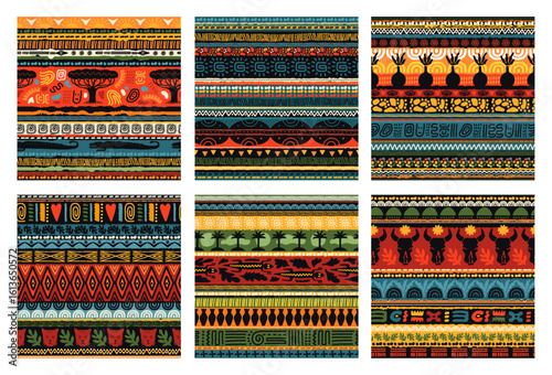 African seamless pattern. Tribal ethnic animals. Fashion geometric primitive art symbols. Repeated Boho print. Safari botanical ornaments. Indigenous ethno decor. Vector backgrounds set