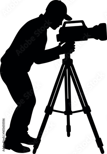 Vector art of a silhouette of a cameraman is operating a professional video camera mounted on a tripod, ready to capture the scene
