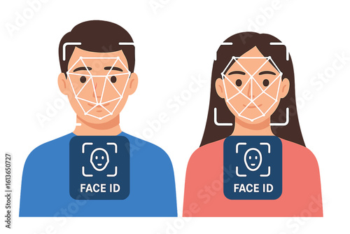 Face ID recognition system concept. Man and woman with face scanning process for biometric verification. New personal identification technology for security access.