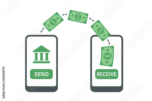 Mobile money transfer and online payment concept. Sending and receiving dollar funds wirelessly between phones using a banking app. Fintech, p2p, digital transaction, e-wallet.