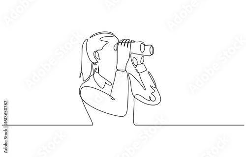 Continuous one line drawing of Young woman looking through with binocular vector illustration. Editable outline