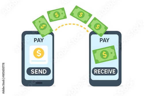 Money transfer vector concept. Online payment and mobile banking app illustration. Sending and receiving dollar bills wirelessly between phones. Digital wallet transaction.