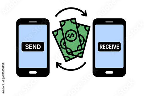 Money transfer vector icon. Online payment concept with two smartphones. Sending and receiving funds wirelessly via mobile banking app. P2P transaction, digital wallet.